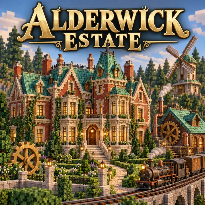 Painted key art of Alderwick Estate: a red-brick Victorian manor with green slate roofs, a windmill and a steam train on a viaduct, lit by warm lamps.